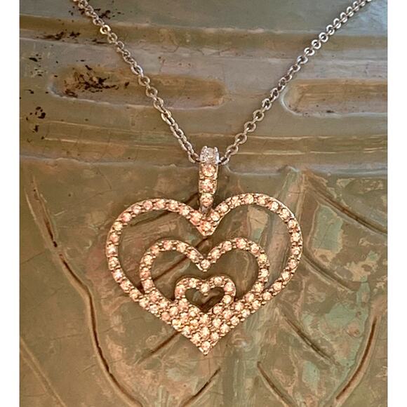 Nolan Miller Silver and Rhinestone Triple Heart Necklace Vintage - Picture 1 of 6